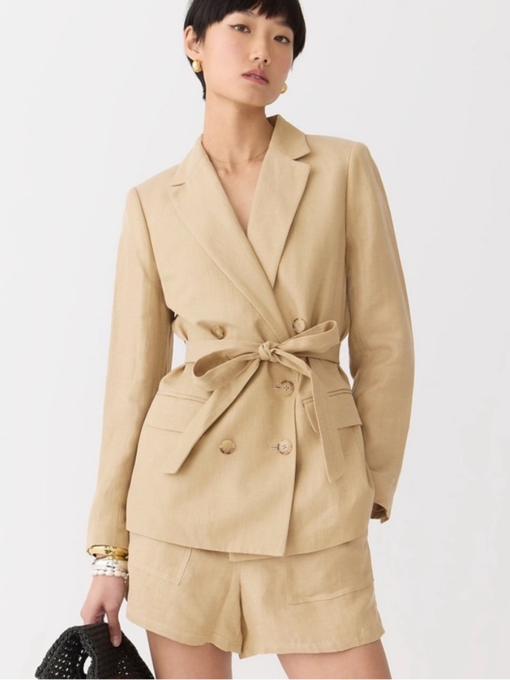J. Crew Women's Double-Breasted Tie-Waist Blazer in Beige Chelsea Linen Blend